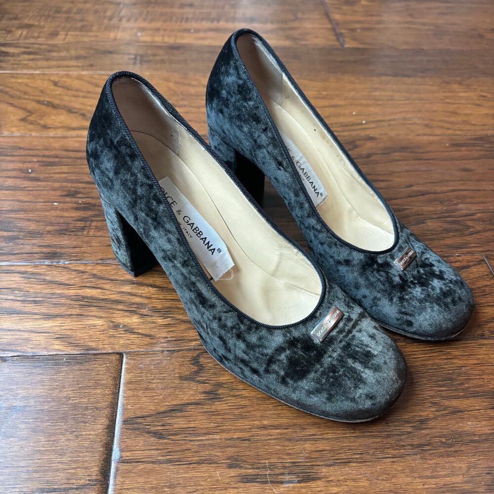 Vintage Dolce & Gabbana Velvet Heels Block Heel Green Mod Retro 90s Y2K 36.5